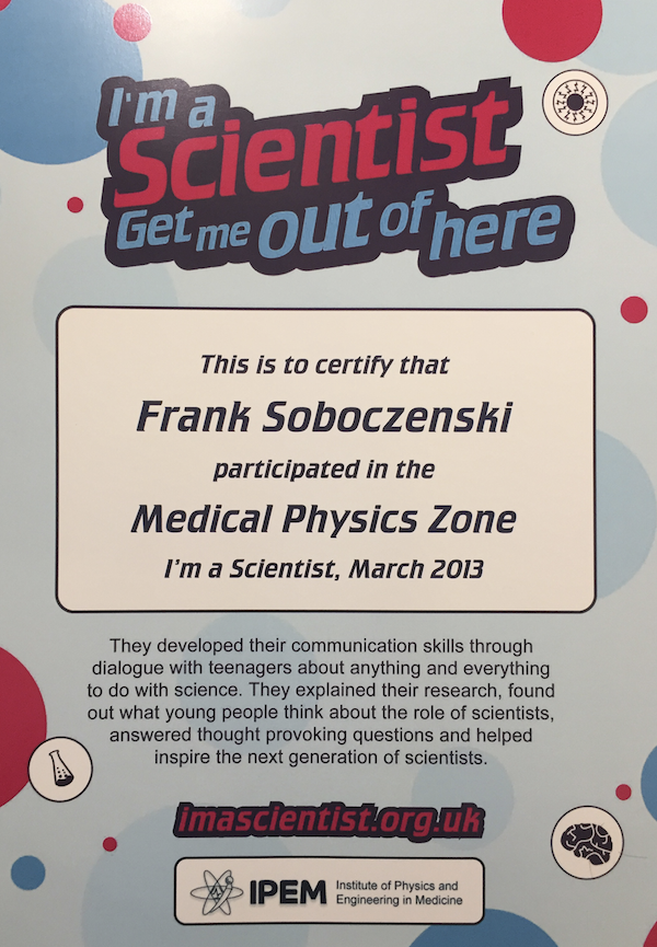 'I am Scientist - get me out of here! certificate' certificate